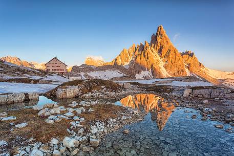 summer sunset in Tre Cime di Lavaredo ,mount Paterno and refuge Lavaredo