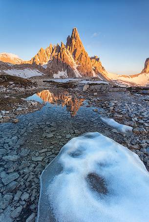 summer sunset in Tre Cime di Lavaredo ,mount Paterno and refuge Lavaredo