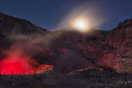 Solfatara is a shallow volcanic crater at Pozzuoli, near Naples, part of the Campi Flegrei volcanic area