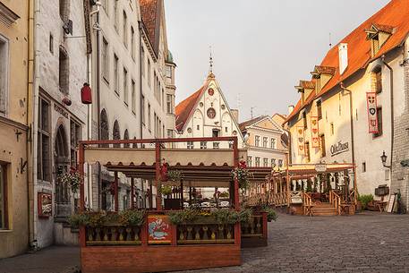 sunrise on Tallinn old town, summer restaurants 