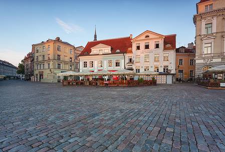 sunrise on Tallinn old town, summer restaurants in Town Hall Square