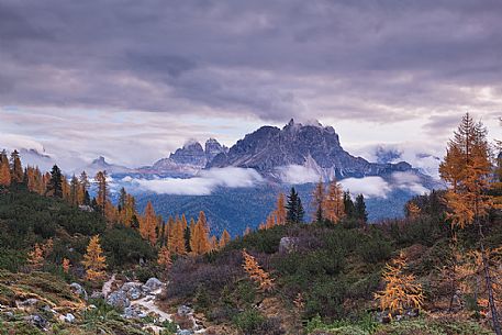 Great view of the Cadini di Misurina range and Tre Cime di Lavaredo mountain, Cortina d'Ampezzo, dolomites, Italy