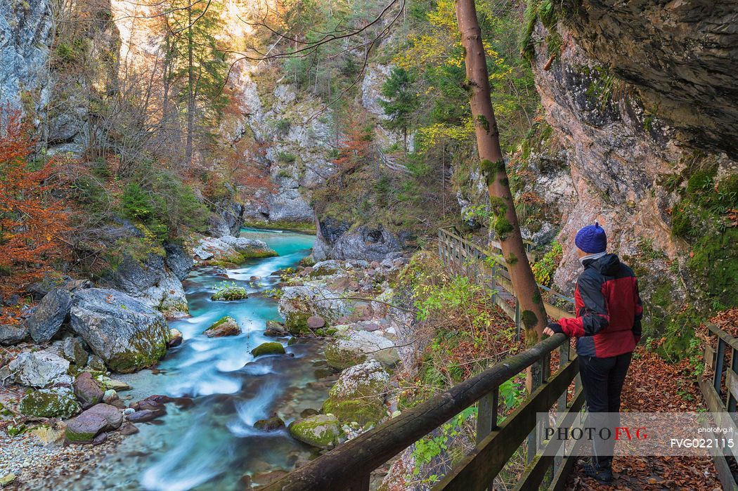 Hiker in the Orrido  of Slizza, s a beautiful water trail, Tarvisio, Friuli Venezia Giulia, Italy