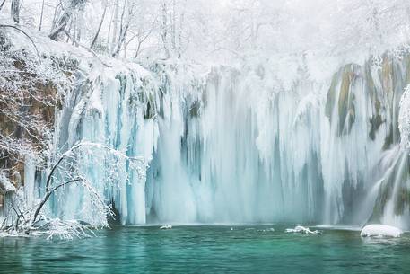 Frozen lakes and waterfalls in Plitvice Lakes National Park, Croatia