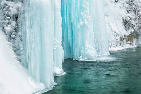 Frozen lakes and waterfalls in Plitvice Lakes National Park, Croatia