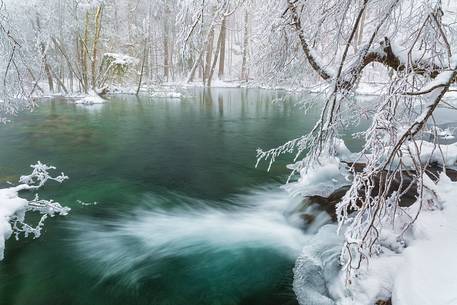 Frozen lakes and waterfalls in Plitvice Lakes National Park, Croatia