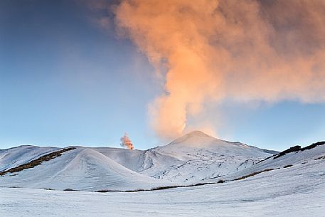 Sunset on Northern Etna National Park,
ash eruption, Sicily, Italy