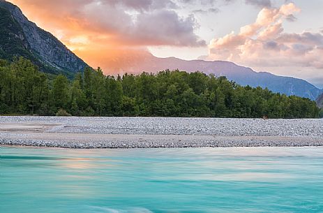 Tagliamento river at sunset, Venzone, Italy