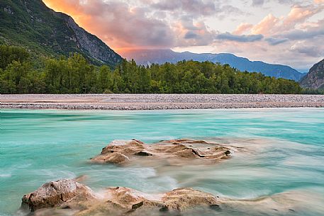 Tagliamento river at sunset, Venzone,Friuli Venezia Giulia, Italy