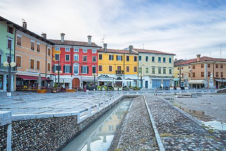 Piazza Grande square and the ancient houses of Palmanova, Friuli Venezia Giulia, Italy