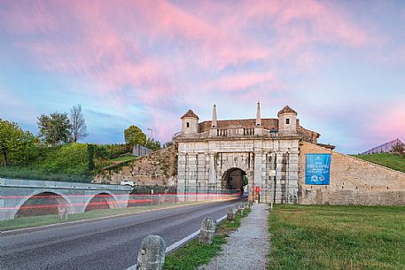 Porta Udine (gate) to the fortress town of Palmanova at sunset, Friuli Venezia Giulia, Italy Porta Udine (gate) to the fortress town of Palmanova at sunset, Friuli Venezia Giulia, Italy