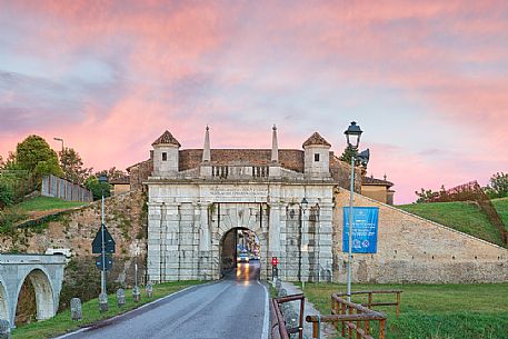 Porta Udine (gate) to the fortress town of Palmanova at sunset, Italy