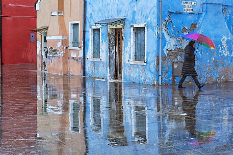 Raining in the Burano island, a typical village in the Venetian islands, Venice, Italy