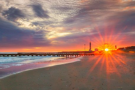 Lido di Jesolo at sunset, a popular seaside resort near Venice, Veneto, Italy