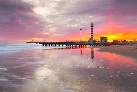 Lido di Jesolo at sunset, a popular seaside resort near Venice, Veneto, Italy