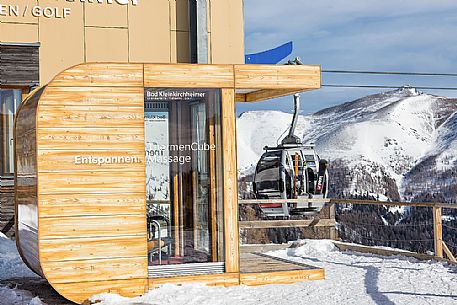 Massage cabine on the top of Biosphrenpakbahn Brunnach alpine station, Nockberge mountains range, Bad Kleinkirchheim, Carinthia, Austria, Europe