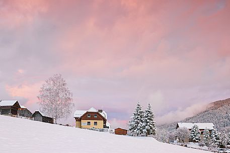 The snowy village of Bad Kleinkirchheim at sunset, Carinthia, Austria, Europe