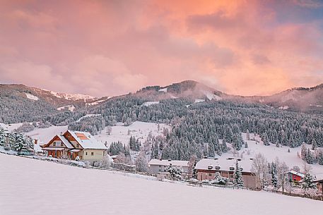 The snowy village of Bad Kleinkirchheim at sunset, Carinthia, Austria, Europe