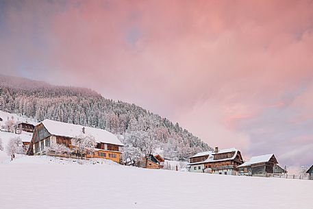 The snowy village of Bad Kleinkirchheim at sunset, Carinthia, Austria, Europe