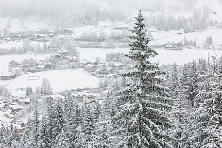 View form above of Bad Kleinkirchheim village in the snow, Carinthia, Austria, Europe