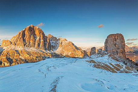 Rifugio Scoiattoli hut with Cinque Torri and Tofane  at sunset, Cortina d'Ampezzo, dolomites, Veneto, Italy, Europe