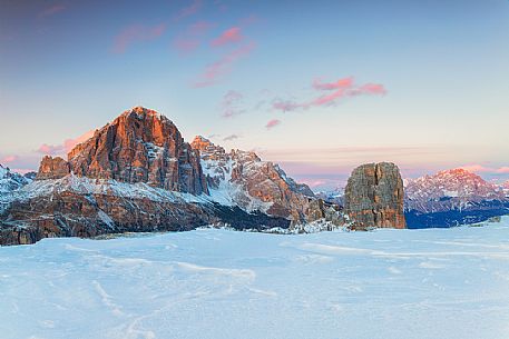 Tofane and Cinque Torri mountains at sunset, Cortina d'Ampezzo, dolomites, Veneto, Italy, Europe