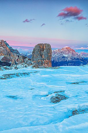 Cinque Torri and Cristallo mountains at sunset, Cortina d'Ampezzo, dolomites, Veneto, Italy, Europe