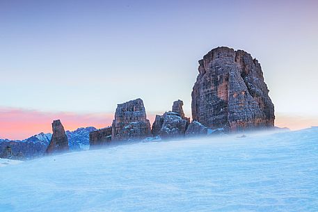 Cinque Torri in a wintry sunset, Cortina d'Ampezzo, dolomites, Veneto, Italy, Europe Cinque Torri in a wintry sunset, Cortina d'Ampezzo, dolomites, Veneto, Italy, Europe