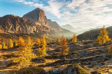 Tofane from Falzarego Pass in autumnal sunrise, Cortina d'Ampezzo, Dolomites, Veneto, Italy, Europe Tofane from Falzarego Pass in autumnal sunrise, Cortina d'Ampezzo, Dolomites, Veneto, Italy, Europe