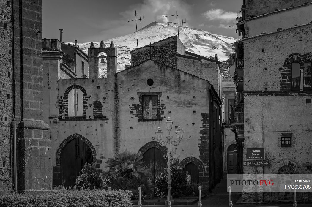 Randazzo village and in the background the snowy Etna mount, Sicily, Italy