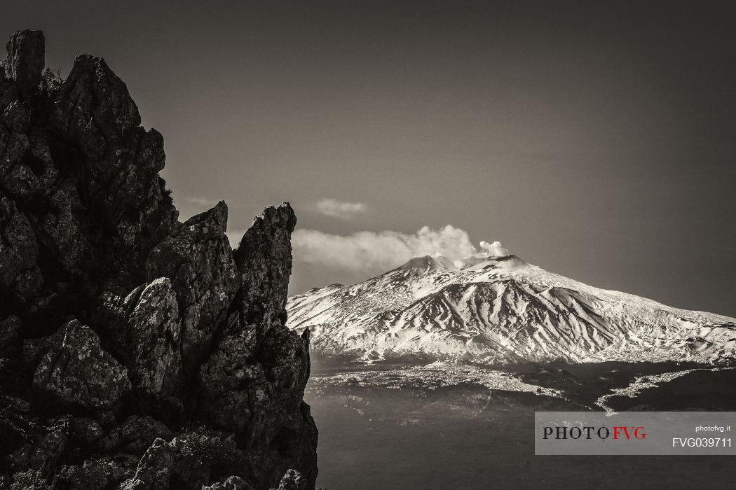 Etna volcano in black and white from the province of Messina, Sicily, Italy, Europe