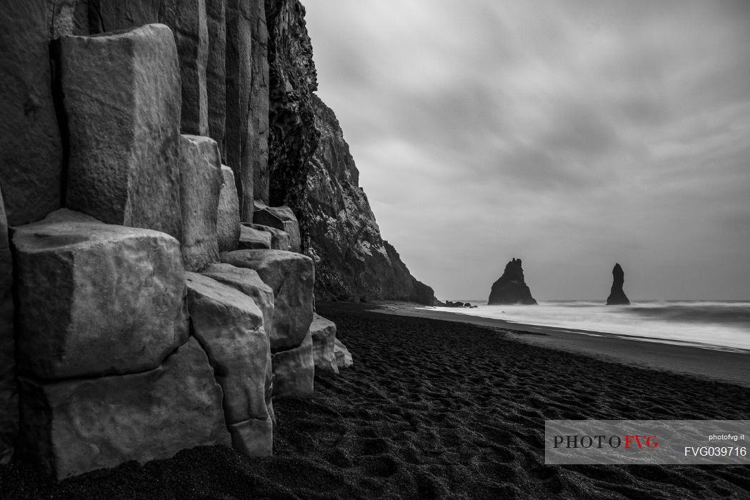 Reynisfjara Beach with Reynisdrangar Basalt Rocks on Cape Dyrholaey near Vik i Myrdal, Iceland