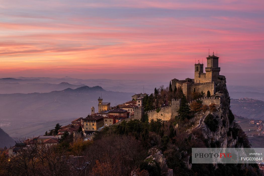 Rocca Guaita, first tower, and Borgo Maggiore in San Marino city, Republic of San Marino