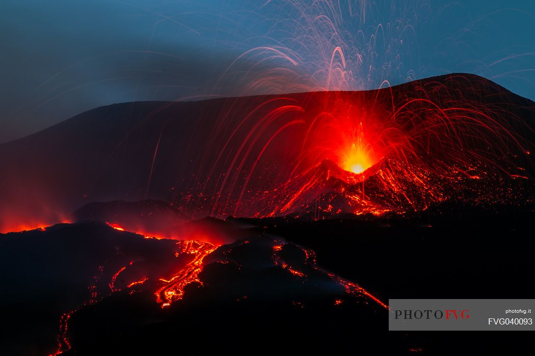 Eruption of Etna volcano by night, Sicily, Italy, Europe