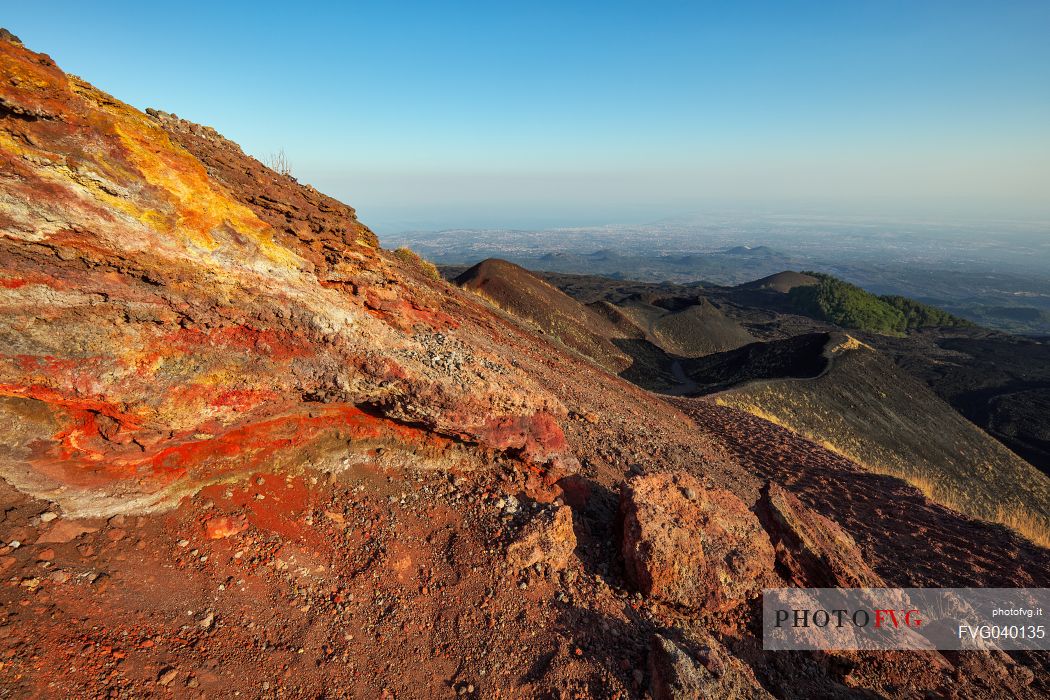 Silvestri crater and Catania Gulf in the background, Etna mount, Sicily, Italy