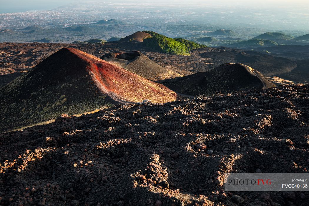 Silvestri crater and Catania Gulf in the background, Etna mount, Sicily, Italy