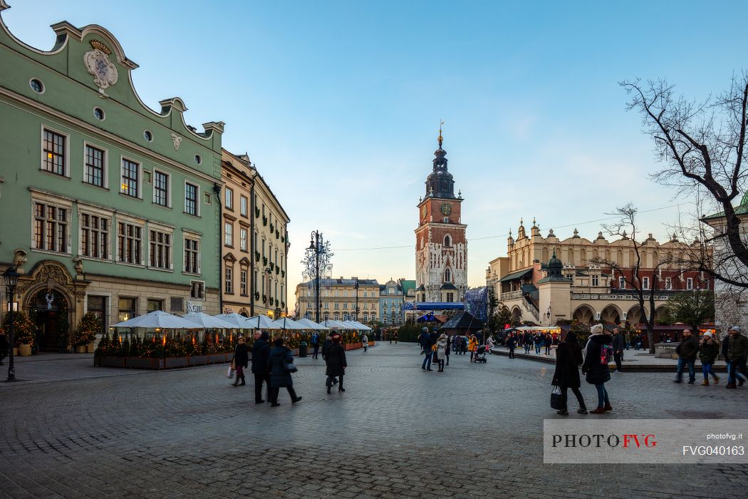 The Main Market square and Clock Tower in the old town or Stare Miasto in Krakow, Poland, Europe