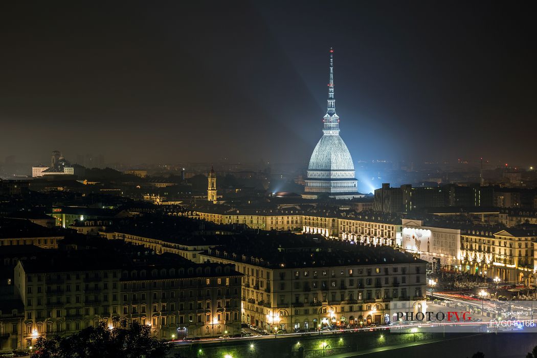 Mole Antonelliana and the town of Turin by night, Piedmont