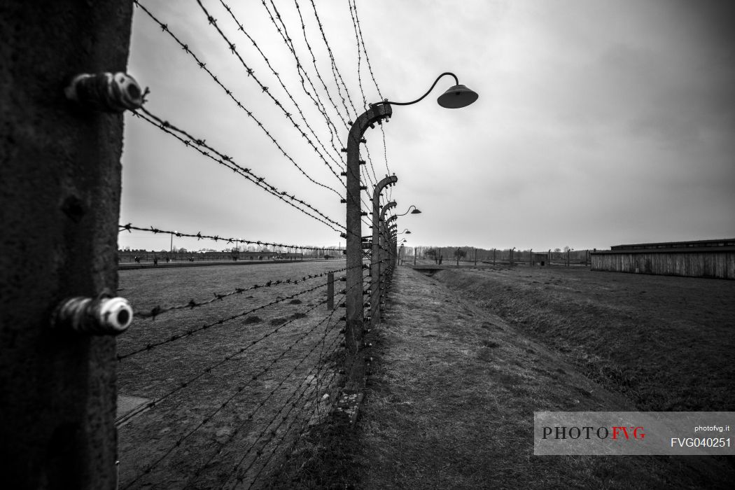 Barbed wire fence in Auschwitz Birkenau concentration camp, Poland, Europe