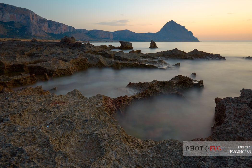 Monte Cofano natural reserve Macari beach and Capo Cofano in background, Sicily, Italy, Europe