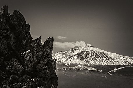 Etna volcano in black and white from the province of Messina, Sicily, Italy, Europe