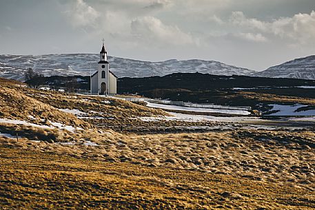 Icelandic church surrounded by nature along ring road, Hringvegur, Iceland Icelandic church surrounded by nature along ring road, Hringvegur, Iceland