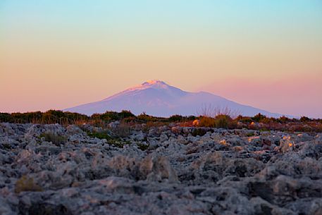 Silhouette of Etna form the cliff of Siracusa, Sicilia