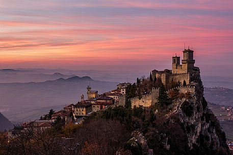 Rocca Guaita, first tower, and Borgo Maggiore in San Marino city, Republic of San Marino