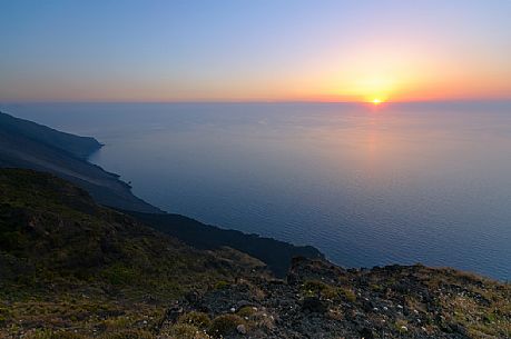 Sciara del Fuoco slope in the Stromboli island at sunset, Aeolian islands, Sicily, Italy, Europe