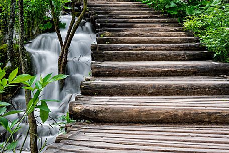 Wooden path in the Plitvice Lakes National Park, Dalmatia, Croatia, Europe