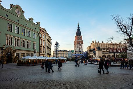 The Main Market square and Clock Tower in the old town or Stare Miasto in Krakow, Poland, Europe