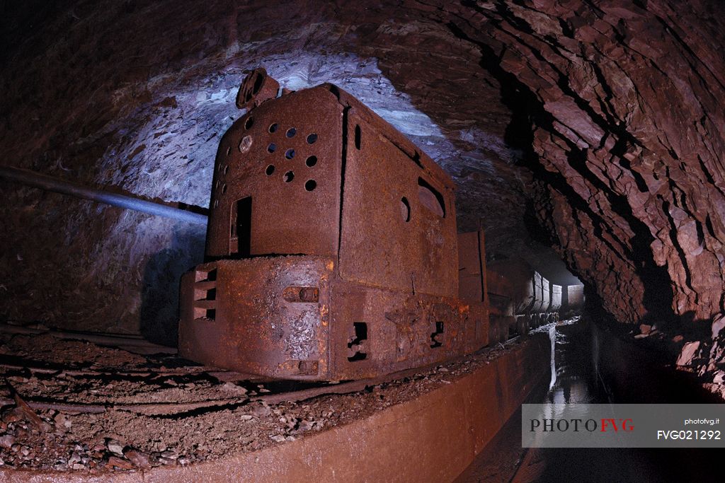 Miniera di Molinello, train that was transporting manganese ore from the interior of this abandoned mine in Val Graveglia, Genova, Liguria, Italy