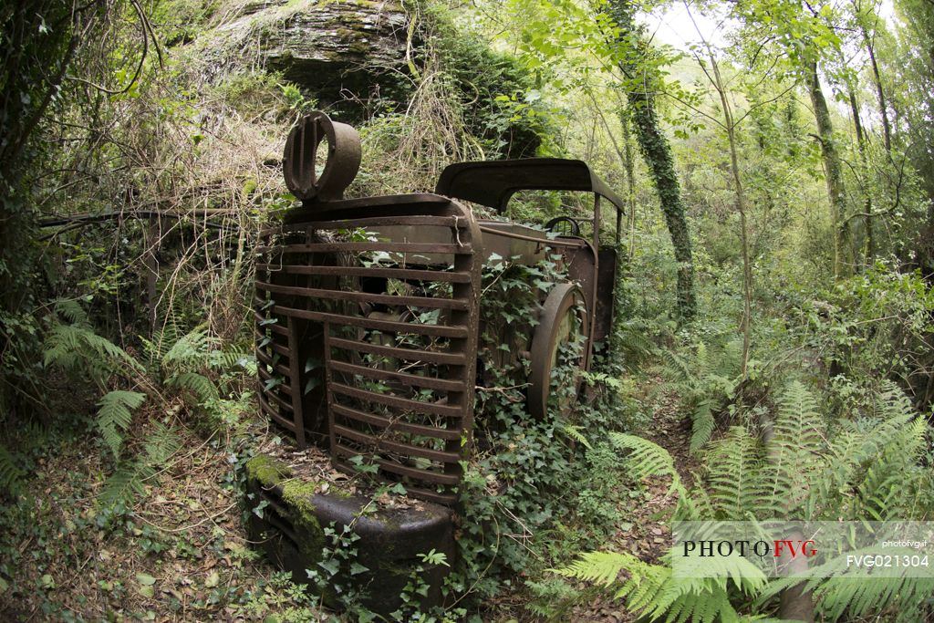 An abandoned train in the old manganese mines of the Val Graveglia, Liguria, Italy