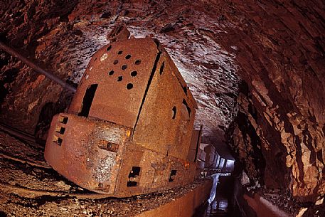 Miniera di Molinello, train that was transporting manganese ore from the interior of this abandoned mine in Val Graveglia, Genova, Liguria, Italy